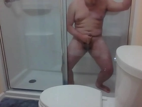 Chubby asian cums in hotel shower